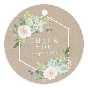 bliss collections thank you gift tags, kraft succulent, thank you very much gift tags for weddings, bridal showers, birthdays, parties, baby showers, wedding favors, and more 2.5″x2.5″ (50 tags)