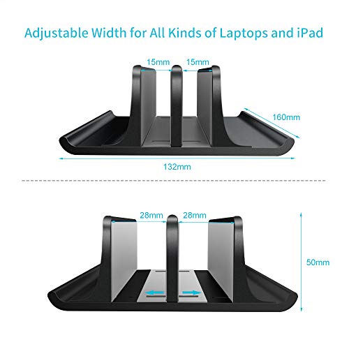 Double Adjustable Vertical Laptop Stand Newly Designed 2 Slots Aluminum Desktop Dual Holder for All MacBook/Chromebook/Surface/Dell/iPad Up to 17.3 Inches - Black