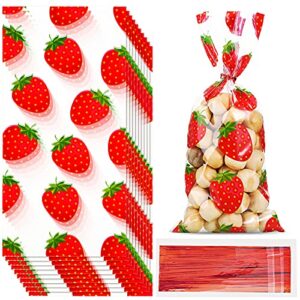 willbond 100 pieces strawberry party bags strawberry cellophane treat bags favors plastic candy goodies bags with 100 pieces twist ties for strawberry themed birthday party decorations