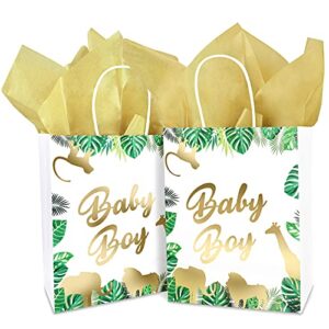 Ocean Line Baby Shower Paper Gift Bags for Boy with Tissue Papers - 12 Pack Kraft Safari Jungle Animals Baby Boy Bags with Gold Wrapping Papers, Size 8" L x 4" W x 10" H