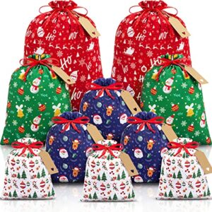 10 pcs christmas drawstring gift bags with tags, xmas gift bags assorted sizes bulk, large medium small holiday gift bags cotton fabric gift wrapping bags for christmas presents party favor goody sack