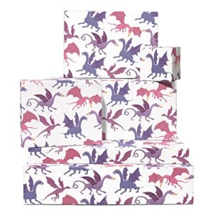 central 23 dragon wrapping paper – boy birthday wrapping paper – 6 sheets white gift wrap paper – baby shower wrapping paper boy – comes with fun stickers – recyclable