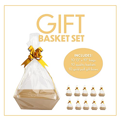 [10 Pk] Baskets for Gifts Empty| 8x10” Kraft Gift Basket Kit with Basket Empty, Basket Bags, Gold Pull Bows| Wine Basket Gift Set| Christmas, Easter, Occasions| Gift to Impress-Upper Midland Products