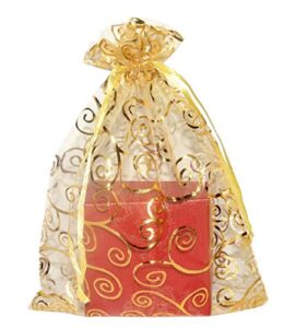sungulf 100pcs organza pouch bag drawstring 6″x8″ strong gift candy bag jewelry party wedding favor (gold flower vine print)