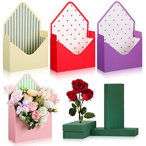 4 Sets Florist Bouquet Envelope Boxes with Floral Foam Blocks, Paper Packaging Gift Flower Box for Valentine's Day Mother's Day Wedding Birthday Party Decoration Wrapping Supplies