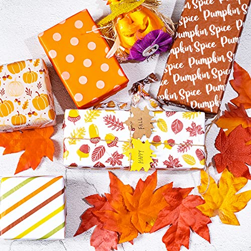 Whaline 90 Sheet Fall Theme Tissue Paper Pumpkin Leaves Dots Stripes Patterned Art Tissue 6 Design Orange Yellow Autumn Wrapping Paper Art Craft Paper for Fall Harvest Thanksgiving Gift Bag Pompom