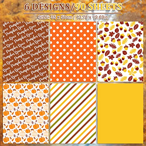 Whaline 90 Sheet Fall Theme Tissue Paper Pumpkin Leaves Dots Stripes Patterned Art Tissue 6 Design Orange Yellow Autumn Wrapping Paper Art Craft Paper for Fall Harvest Thanksgiving Gift Bag Pompom