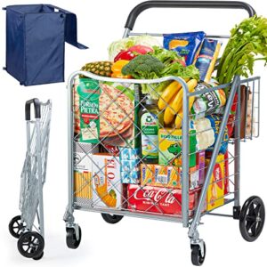 pipishell shopping cart, heavy-duty grocery cart on wheels with extra rear basket & leakproof cover, folding grocery shopping cart with high 160 lbs/134 l capacity, pituc2s