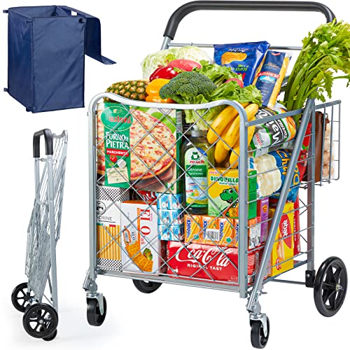 Pipishell Shopping Cart, Heavy-Duty Grocery Cart on Wheels with Extra Rear Basket & Leakproof Cover, Folding Grocery Shopping Cart with High 160 lbs/134 L Capacity, PITUC2S