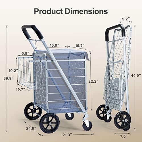 Pipishell Shopping Cart, Heavy-Duty Grocery Cart on Wheels with Extra Rear Basket & Leakproof Cover, Folding Grocery Shopping Cart with High 160 lbs/134 L Capacity, PITUC2S