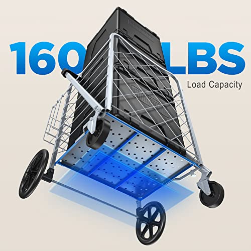 Pipishell Shopping Cart, Heavy-Duty Grocery Cart on Wheels with Extra Rear Basket & Leakproof Cover, Folding Grocery Shopping Cart with High 160 lbs/134 L Capacity, PITUC2S