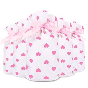 valentines day treat bags candy goodie party supplies – 50 packs pink heart drawstring plastic wrap, chocolate biscuit cookie cellophane package, gift idea for wedding baby shower kids girl christmas