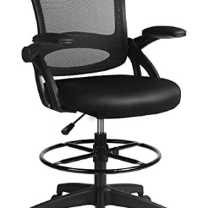 COMHOMA Drafting Chair Tall Office Chair with Flip-up Armrests for Computer Standing Desk Adjustable Foot Ring Ergonomic Mesh Back Table Chair Black