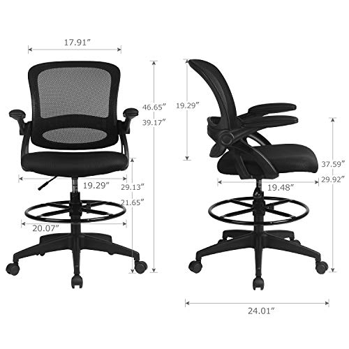 COMHOMA Drafting Chair Tall Office Chair with Flip-up Armrests for Computer Standing Desk Adjustable Foot Ring Ergonomic Mesh Back Table Chair Black