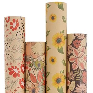 aimyoo kraft floral wrapping paper bundle, vintage sunflower flower gift wrap paper for wedding bridal shower birthday rolls of 4, 17 in x 16 ft per roll