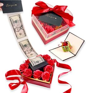 ribbonbonbox money box for cash gift pull heart box – unique gifts for birthday, anniversary, wedding gifts for her and him – red valentines day gift box – best gift ideas for men (love you)