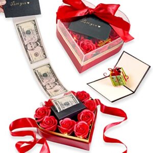 Ribbonbonbox Money Box for Cash Gift Pull Heart Box – Unique Gifts for Birthday, Anniversary, Wedding Gifts for Her and Him – Red Valentines Day Gift Box - Best Gift Ideas for Men (Love You)