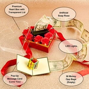 Ribbonbonbox Money Box for Cash Gift Pull Heart Box – Unique Gifts for Birthday, Anniversary, Wedding Gifts for Her and Him – Red Valentines Day Gift Box - Best Gift Ideas for Men (Love You)