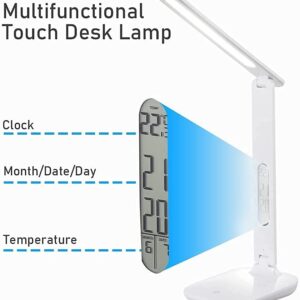 LED Desk Lamp with Time, Date, Temperature Display, 3 Modes Lighting/Brightness Adjustable Bedside Table Lamp, Touch Control Eye-Caring Night Light for Home Office (White)