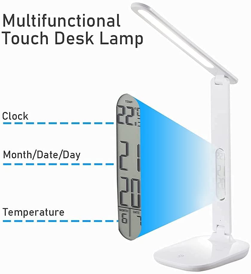 LED Desk Lamp with Time, Date, Temperature Display, 3 Modes Lighting/Brightness Adjustable Bedside Table Lamp, Touch Control Eye-Caring Night Light for Home Office (White)