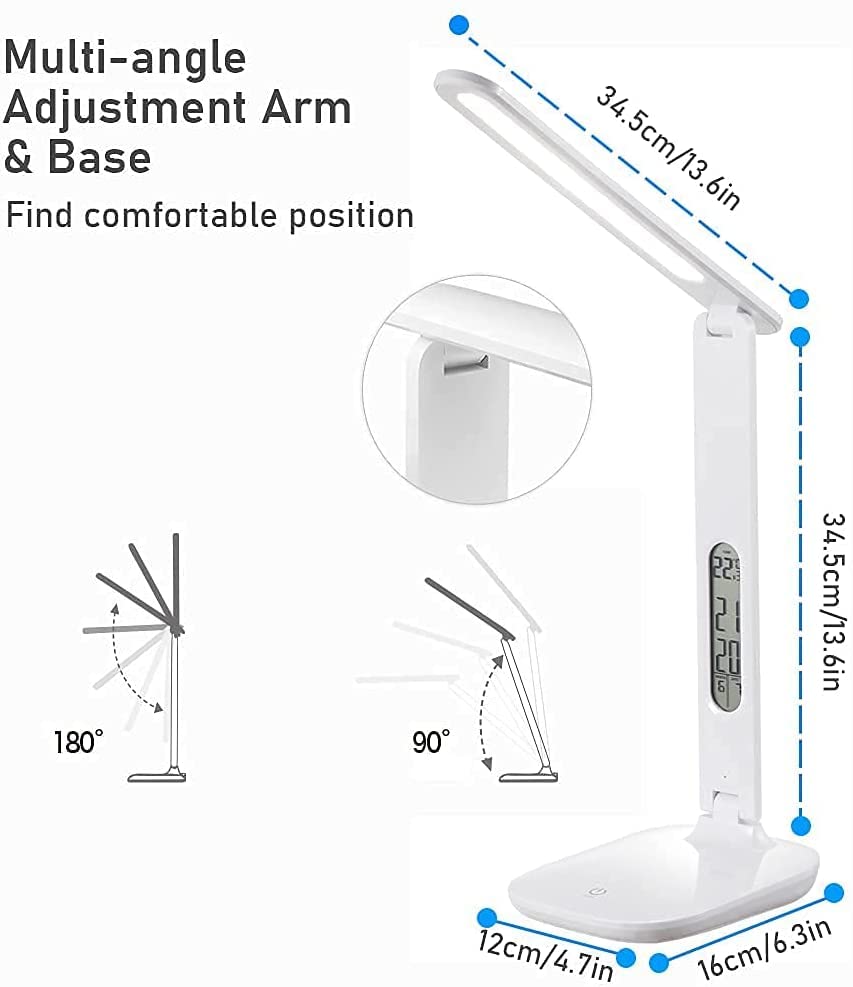 LED Desk Lamp with Time, Date, Temperature Display, 3 Modes Lighting/Brightness Adjustable Bedside Table Lamp, Touch Control Eye-Caring Night Light for Home Office (White)