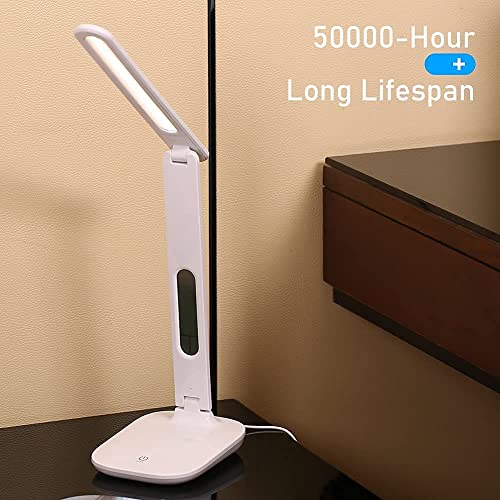 LED Desk Lamp with Time, Date, Temperature Display, 3 Modes Lighting/Brightness Adjustable Bedside Table Lamp, Touch Control Eye-Caring Night Light for Home Office (White)