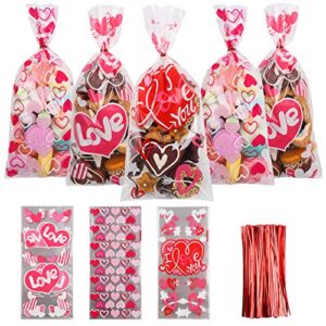 diyasy valentine cellophane candy bags,150 pcs treat bags heart and love shape goodie bags with 180 twist ties for valentine’s day party favor