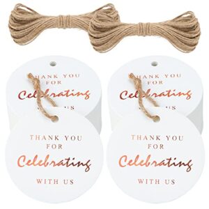 jijacraft 100 psc thank you for celebrating with us tags,thank you tags,rose gold gift tags with string,round label party favor tags,gift wrap tags,white paper tags for wedding,birthday,baby shower