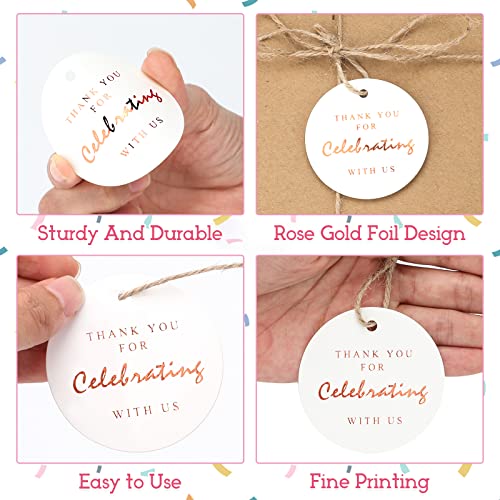 jijAcraft 100 Psc Thank You for Celebrating with Us Tags,Thank You Tags,Rose Gold Gift Tags with String,Round Label Party Favor Tags,Gift Wrap Tags,White Paper Tags for Wedding,Birthday,Baby Shower