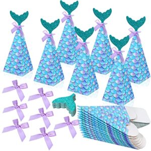 50 pcs mermaid party boxes favors cone mermaid gift boxes with glitter tail and purple bow mermaid party favors paper mermaid candy box for girl under the sea baby shower decorations birthday supplies