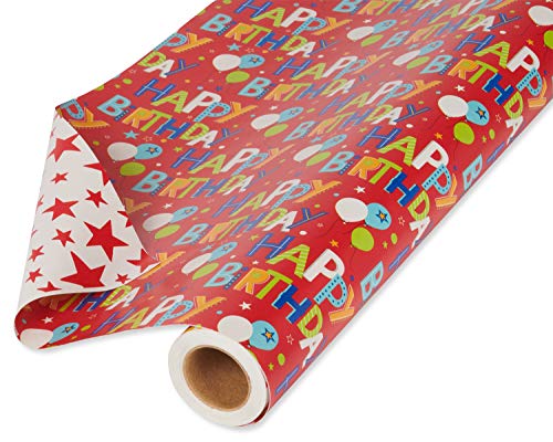 American Greetings Reversible Wrapping Paper, Happy Birthday Lettering and Stars (1 Jumbo Roll, 175 sq. ft.)