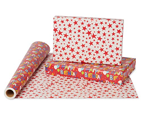 American Greetings Reversible Wrapping Paper, Happy Birthday Lettering and Stars (1 Jumbo Roll, 175 sq. ft.)