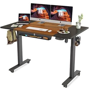 fezibo height adjustable electric standing desk with pencil holder, 48 x 24 inches stand up desk, sit stand desk with black and espresso top and black frame