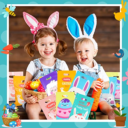 108 Pcs Easter Bags Large Easter Tote Bags Bunny Bags Candy Goodie Treat Gift Bags with Handles Easter Hunt Bags Party Bags for Easter Birthday Baby Shower Wedding Party Supplies, 6 Designs