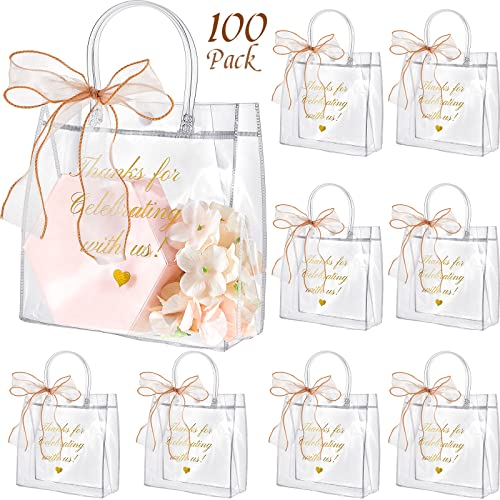 100 Pcs Clear Bags with Bow Ribbon Wedding Gift Bags for Gifts Clear Gift Bags with Handles 7.8 x 7.8 x 3.1" Clear Plastic Bags with Handles for Favors Transparent Shopping Bags, Retail Bags