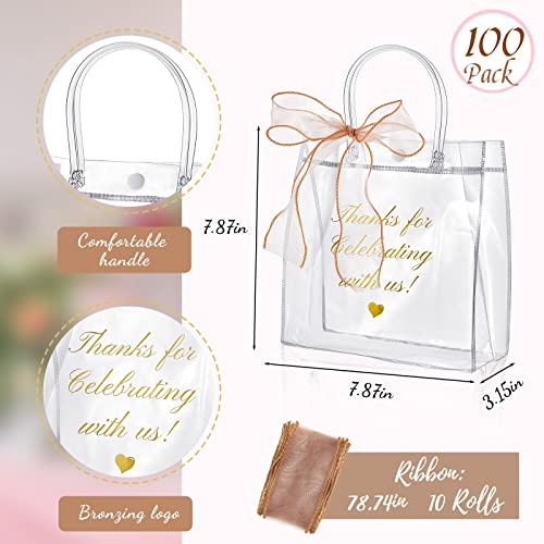100 Pcs Clear Bags with Bow Ribbon Wedding Gift Bags for Gifts Clear Gift Bags with Handles 7.8 x 7.8 x 3.1" Clear Plastic Bags with Handles for Favors Transparent Shopping Bags, Retail Bags