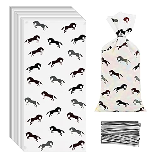 Lecferrarc 100 Pcs Horse Treat Bags Horse Cellophane Candy Bags Horse Racing Plastic Goodie Storage Bags Horse Party Favor Bags with Twist Ties for Cowboy Theme Birthday Party Supplies