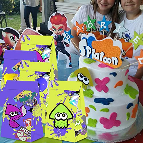 HOMEZZO 24 Pcs Splatoon Party Favor Gift Bags - Slime Candy Bags Goodie Bags with Squid Stickers for Splatoon Party Decorations Slime Party Supplies