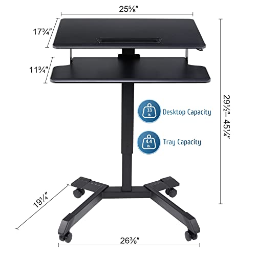 VONLUCE Standing Desk with Keyboard Tray, Mobile Stand Up Computer Desk, Height Adjustable 2 Tier Rolling Laptop & Monitor Stand, 26x18 Compact Home and Office Workstation with Gas Spring Lift, Black