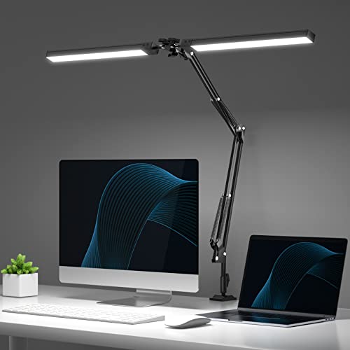 CHICLEW LED Desk Lamp for Home Office, 24W Swing Arm Double-Head Table Lamps, 3 Colors Lighting & Stepless Dimming Architect Reading Desk Light, Adjustable Eye-Caring Clamp Light for Study Relax Work