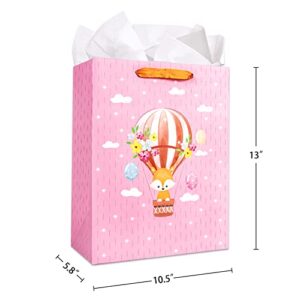 XJF Large Gift Bag for Girls with Card and Tissue Paper,13" Pink Baby Shower Birthday Gift Bags,Gift Bag for Girls Kids