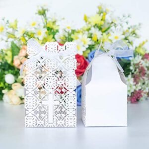 jolalia baptism cross favor boxes 50pcs,laser cut candy gift box with ribbons for baptism, christening party, first communion baby shower wedding party bomboniere decoration (2.9″ x2.36″ x3.14″)