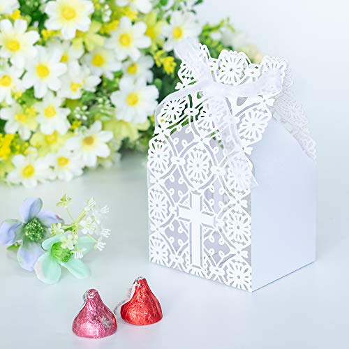 JOLALIA Baptism Cross Favor Boxes 50pcs,Laser Cut Candy Gift Box With Ribbons for Baptism, Christening Party, First Communion Baby Shower Wedding Party Bomboniere Decoration (2.9" x2.36" x3.14")