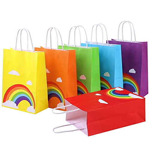 Aodaer 24 Pieces Rainbow Party Treat Bags Craft Gift Bags with Handles Colorful Candy Paper Bags 6.3 x 3.1 x 8.7 Inches for Celebration, Wedding, Birthday
