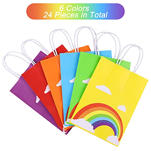 Aodaer 24 Pieces Rainbow Party Treat Bags Craft Gift Bags with Handles Colorful Candy Paper Bags 6.3 x 3.1 x 8.7 Inches for Celebration, Wedding, Birthday