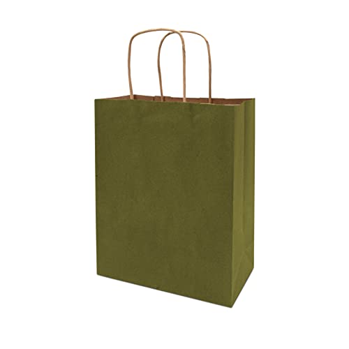 Green Gift Bags – 8x4x10 100 Pack Small Olive Kraft Shopping Bags with Handles, Customizable Craft Paper Euro Tote Bags for Boutique, Retail, Wedding Guests, Holiday, Birthday, Small Business, Bulk