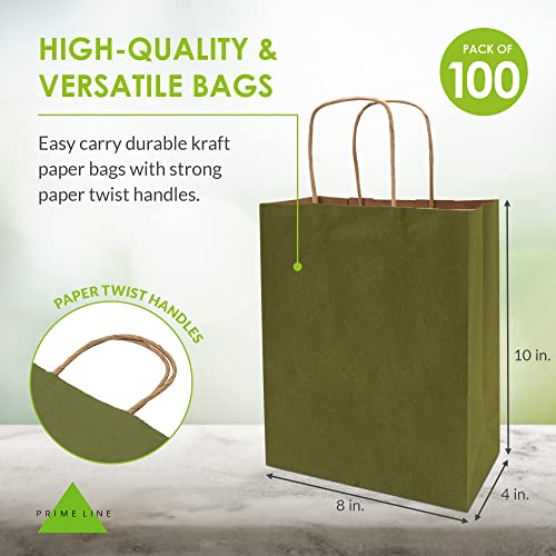 Green Gift Bags – 8x4x10 100 Pack Small Olive Kraft Shopping Bags with Handles, Customizable Craft Paper Euro Tote Bags for Boutique, Retail, Wedding Guests, Holiday, Birthday, Small Business, Bulk