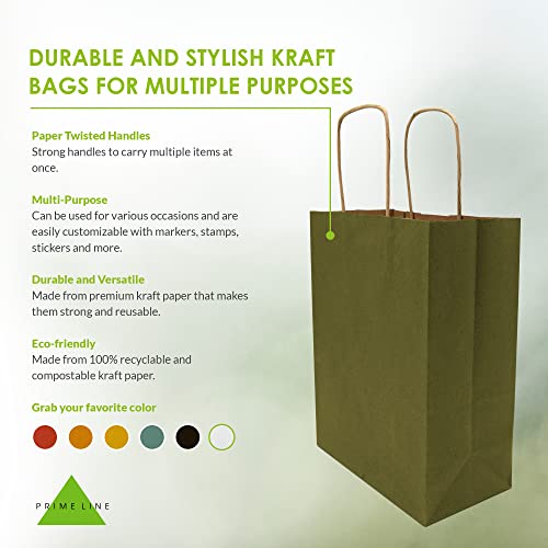 Green Gift Bags – 8x4x10 100 Pack Small Olive Kraft Shopping Bags with Handles, Customizable Craft Paper Euro Tote Bags for Boutique, Retail, Wedding Guests, Holiday, Birthday, Small Business, Bulk