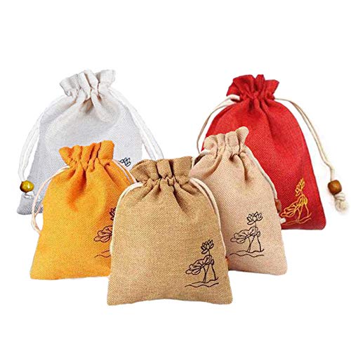 NHW 15 pieces of 3.9 inches x 5.5 inches mixed lining drawstring linen gift bags lotus pattern jewelry bags can be used for DIY crafts wedding supplies candy bags and party supplies (red)