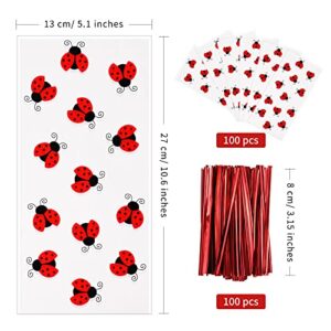 Lecpeting 100 Pcs Ladybug Treat Bags Ladybug Cellophane Candy Bags Plastic Goodie Storage Bags Ladybug Party Favor Bags with Twist Ties for Ladybug Theme Birthday Party Supplies